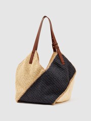 Reiss Navy Farrah Raffia-Effect Contrast-Panel Tote Bag - Image 5 of 6