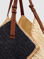 Reiss Navy Farrah Raffia-Effect Contrast-Panel Tote Bag - Image 6 of 6