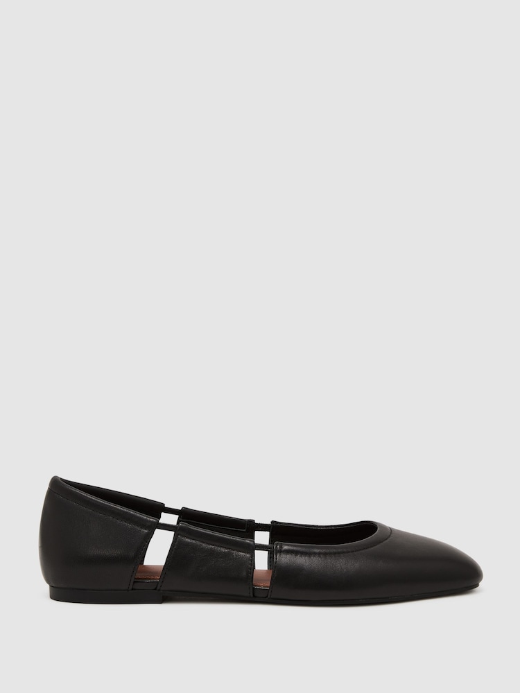 Reiss Black Leona Leather Cut-Out Ballet Flats - Image 2 of 6 Reiss Black Leona Leather Cut-Out Ballet Flats - Image 2 of 6