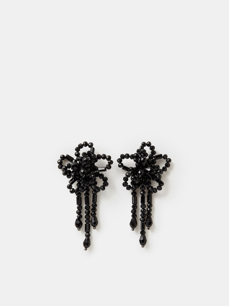 Accessorize Black Beaded Flower Statement Stud Earrings - Image 2 of 3