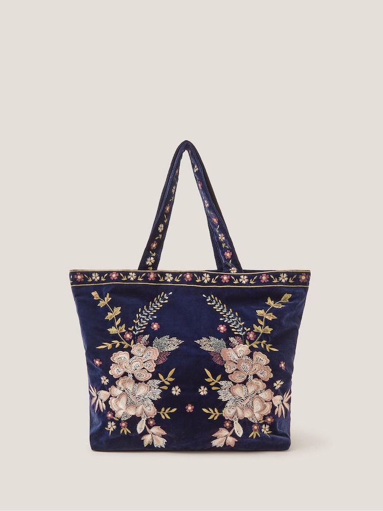 Monsoon Blue Fallon Floral Embroidered Velvet Tote Bag - Image 1 of 3 Monsoon Blue Fallon Floral Embroidered Velvet Tote Bag - Image 1 of 3