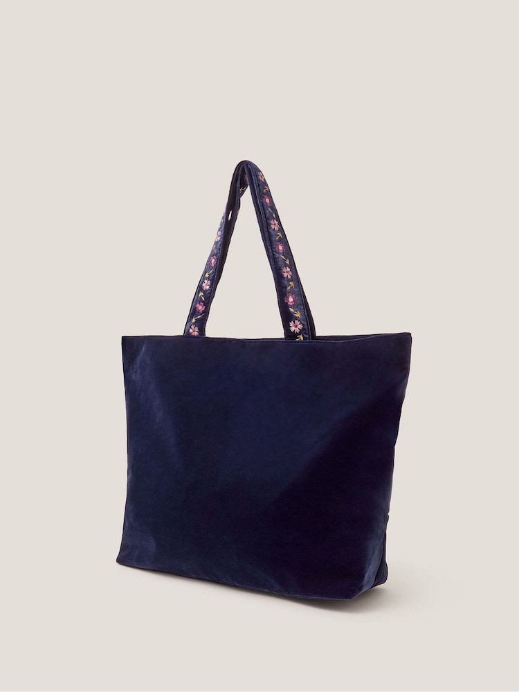 Monsoon Blue Fallon Floral Embroidered Velvet Tote Bag - Image 2 of 3 Monsoon Blue Fallon Floral Embroidered Velvet Tote Bag - Image 2 of 3