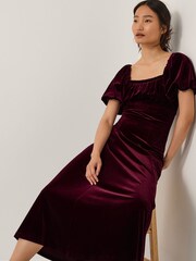 Monsoon Red Cynthia Puff Sleeve Velvet Midi Dress - Image 1 of 5