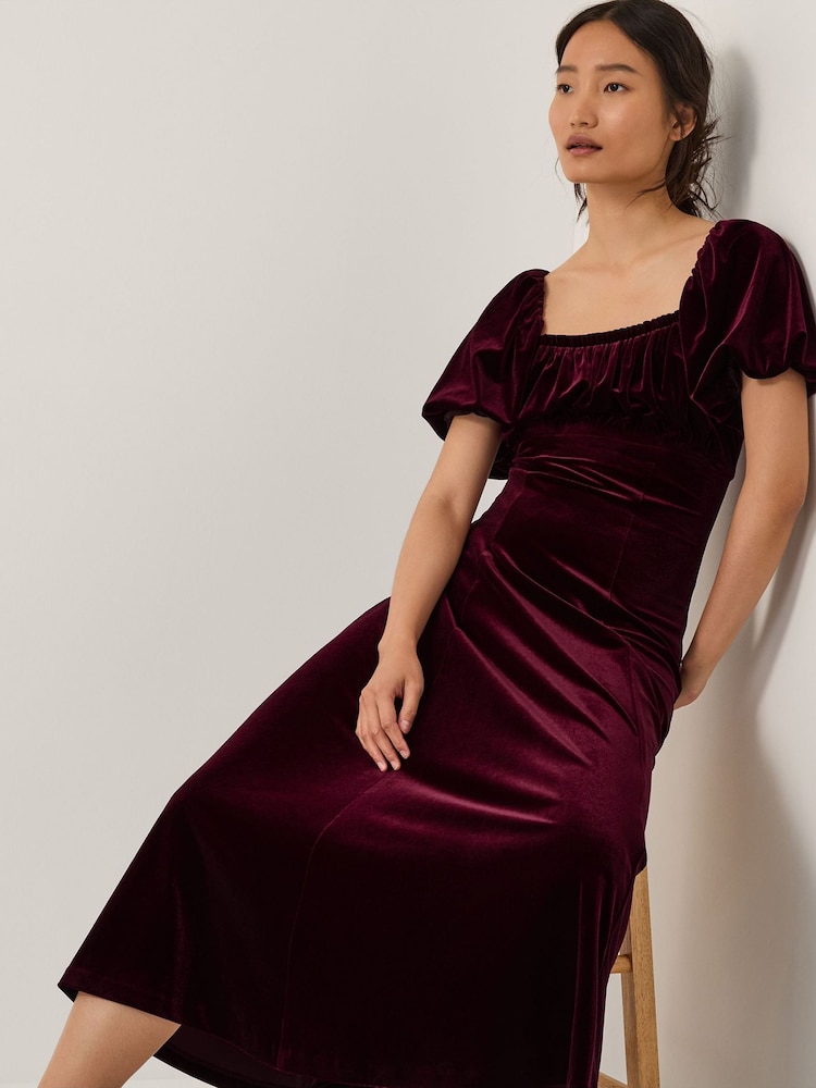 Monsoon Red Cynthia Puff Sleeve Velvet Midi Dress - Image 1 of 5