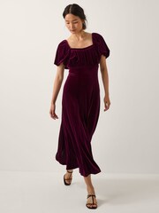 Monsoon Red Cynthia Puff Sleeve Velvet Midi Dress - Image 2 of 5