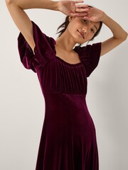 Monsoon Red Cynthia Puff Sleeve Velvet Midi Dress - Image 3 of 5