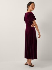 Monsoon Red Cynthia Puff Sleeve Velvet Midi Dress - Image 4 of 5