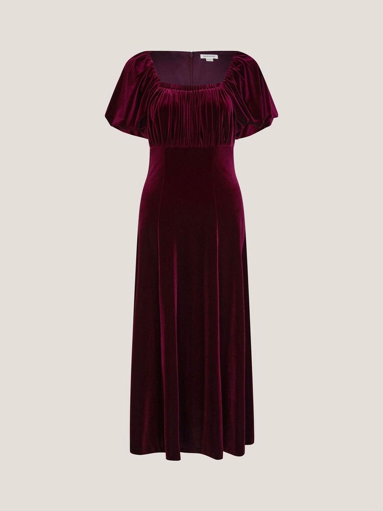 Monsoon Red Cynthia Puff Sleeve Velvet Midi Dress - Image 5 of 5