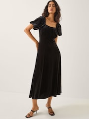 Monsoon Black Cynthia Puff Sleeve Velvet Midi Dress - Image 1 of 5