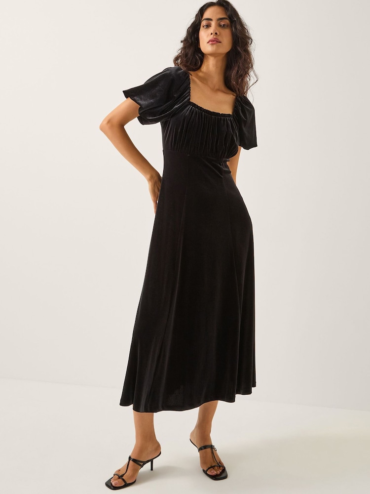 Monsoon Black Cynthia Puff Sleeve Velvet Midi Dress - Image 1 of 5