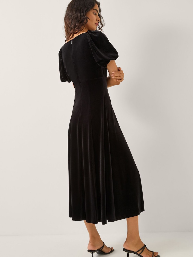 Monsoon Black Cynthia Puff Sleeve Velvet Midi Dress - Image 2 of 5