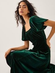 Monsoon Green Cynthia Puff Sleeve Velvet Midi Dress - Image 1 of 5