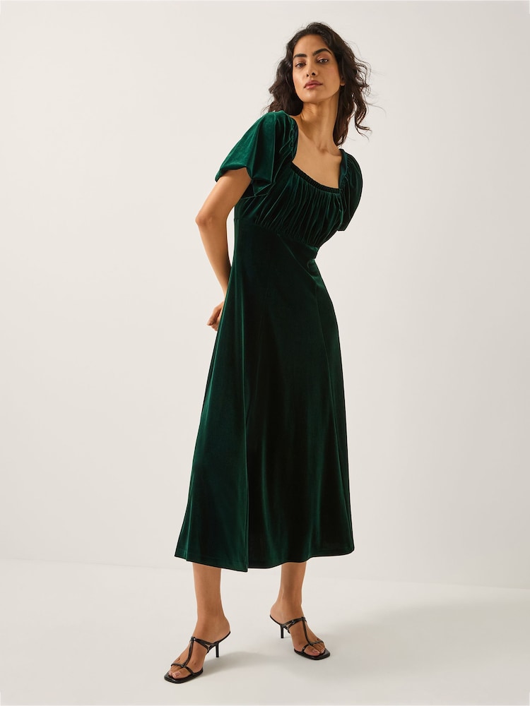 Monsoon Green Cynthia Puff Sleeve Velvet Midi Dress - Image 2 of 5