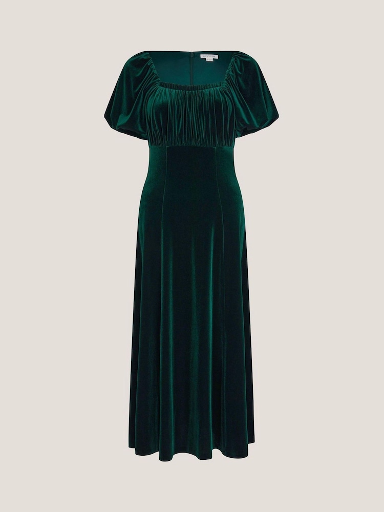 Monsoon Green Cynthia Puff Sleeve Velvet Midi Dress - Image 5 of 5