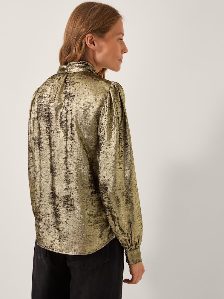 Monsoon Gold Milena Metallic Tie Neck Blouse - Image 2 of 4