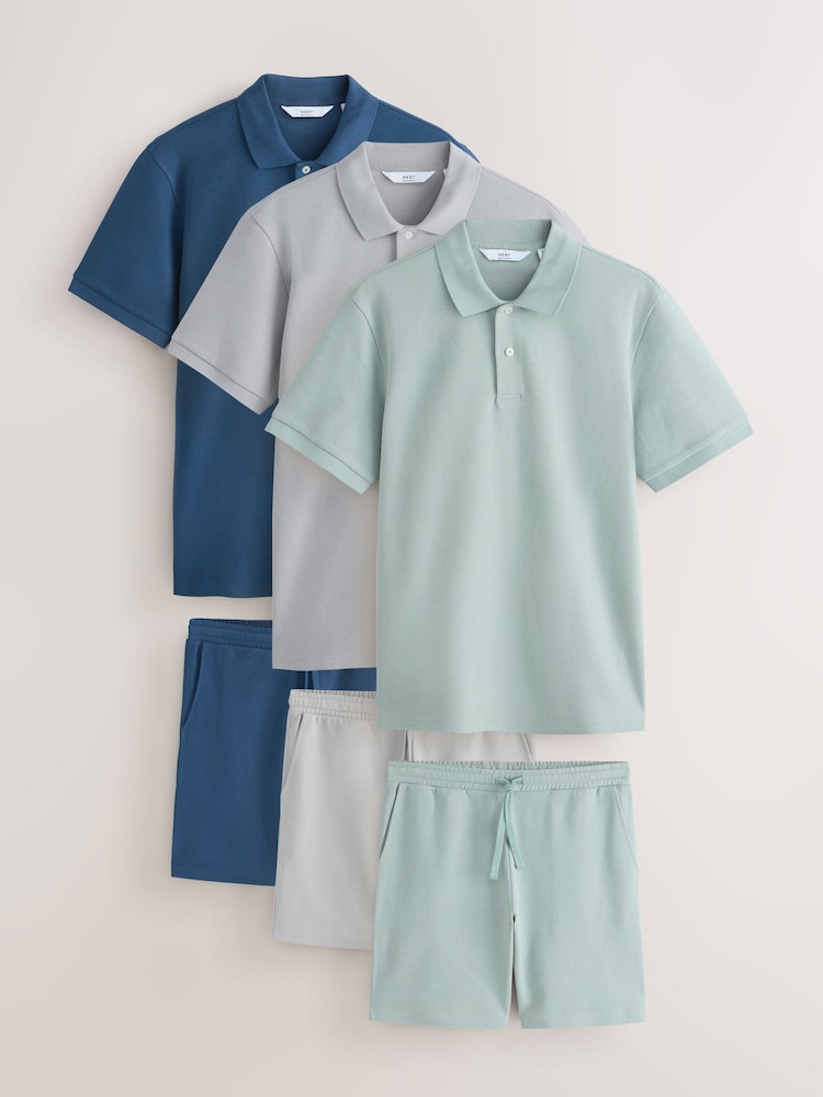 Bue/Green/Grey Polo and Shorts Co-ord Set - Image 1 of 9