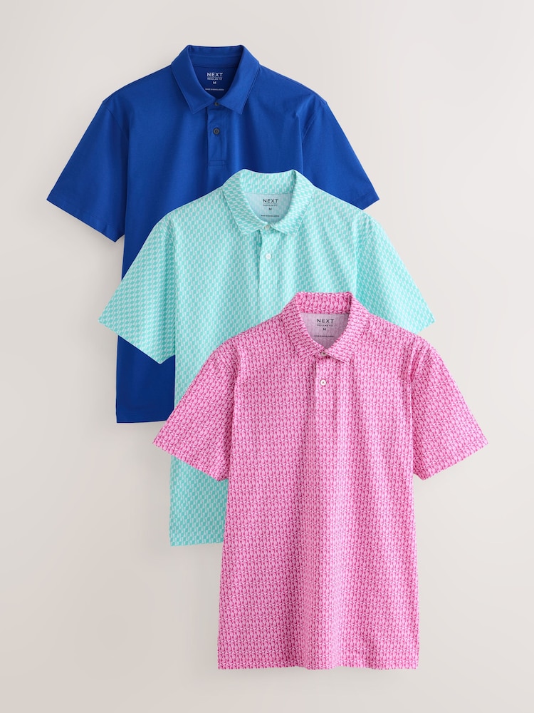 Red/Aqua/Blue Seahorse Printed Short Sleeve Jersey Polo Shirts 3 Pack - Image 1 of 6