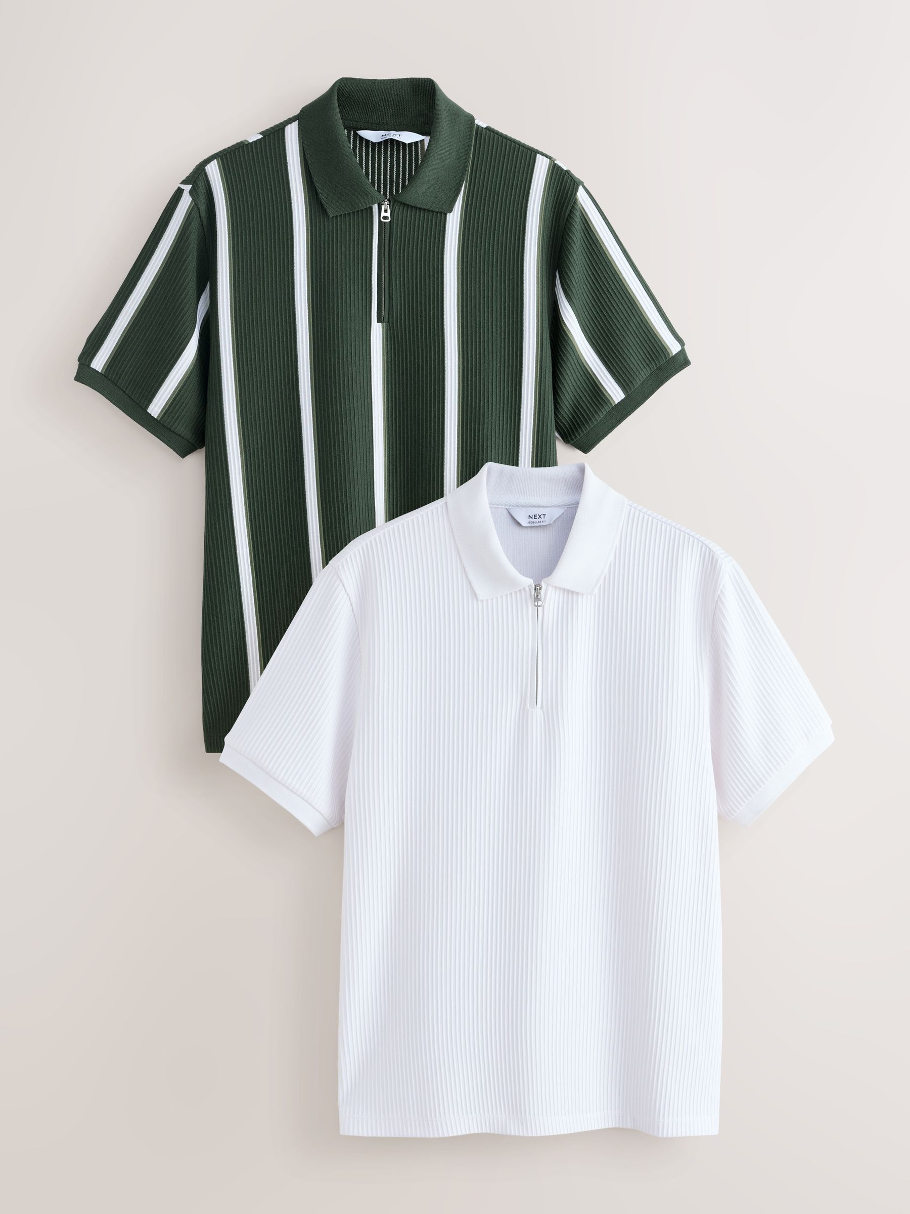 Buy Dark Green Striped Quarter Zip Polo Shirts 2 Pack from the