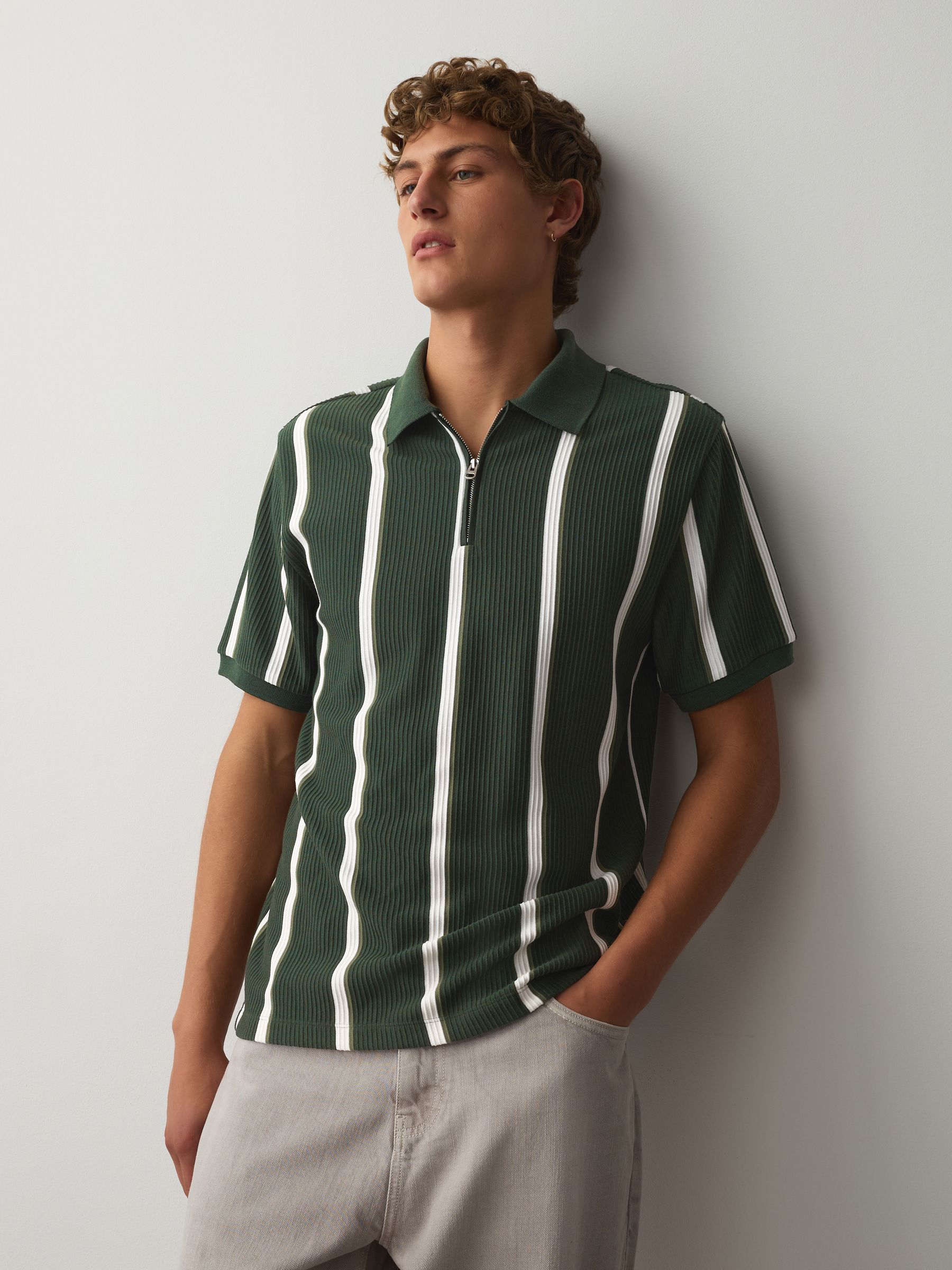 Buy Dark Green Striped Quarter Zip Polo Shirts 2 Pack from the