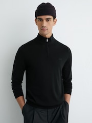 Reiss Black Osborne Merino Wool Half-Zip Logo Jumper - Image 1 of 6