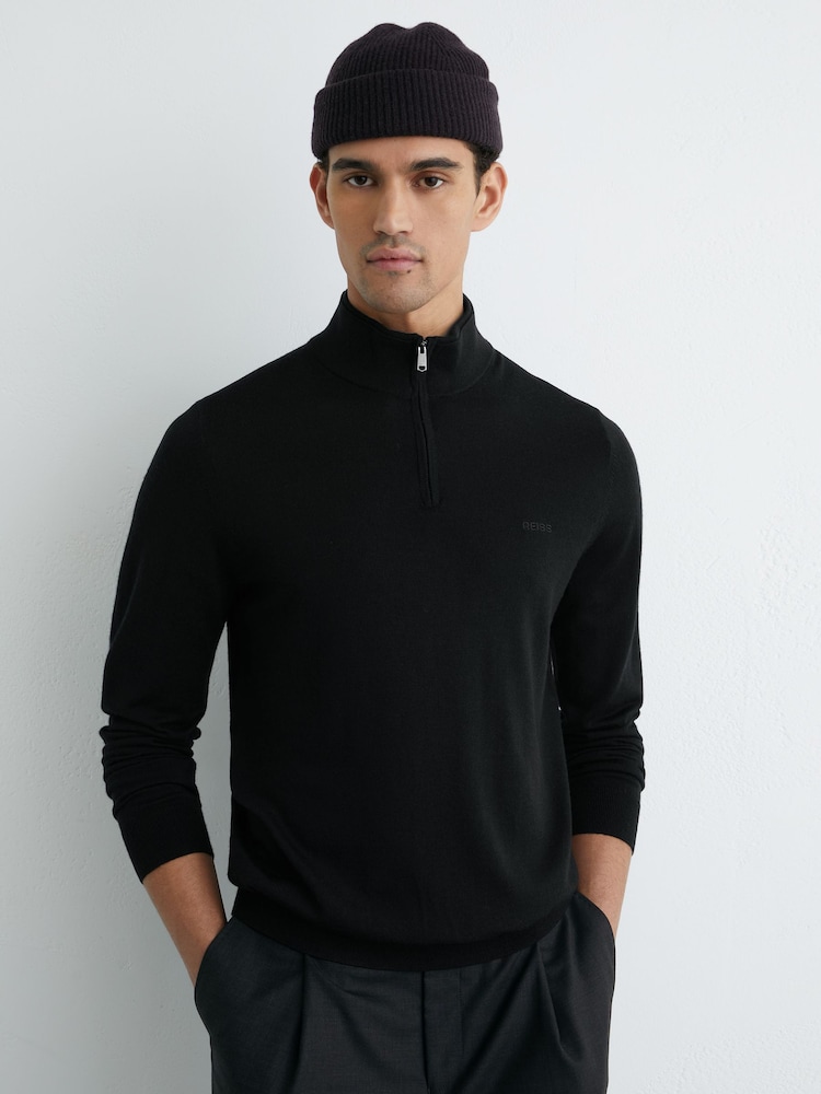 Reiss Black Osborne Merino Wool Half-Zip Logo Jumper - Image 1 of 6