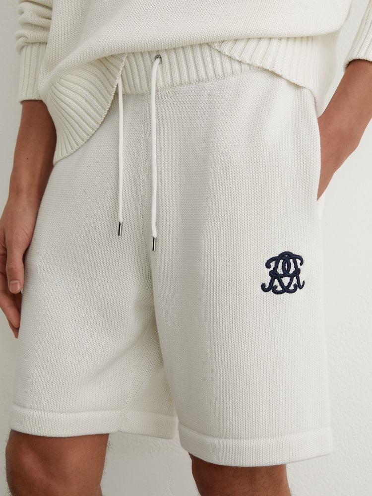 Reiss Off White Riley Monogram-Embroidered Relaxed Knit Shorts - Image 1 of 6