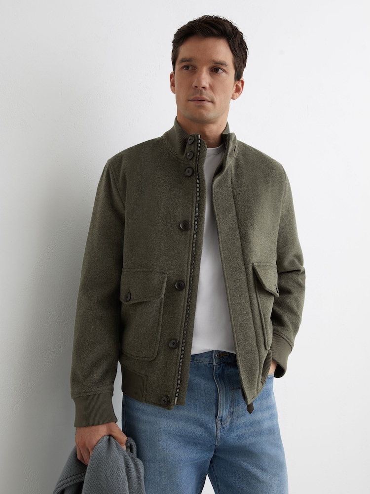 Reiss Green Hadley Wool-Blend Funnel-Neck Bomber Jacket - Image 1 of 7