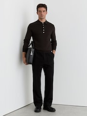 Reiss Chocolate Brown Dillingham Wide-Ribbed Half-Button Polo Jumper - Image 1 of 5