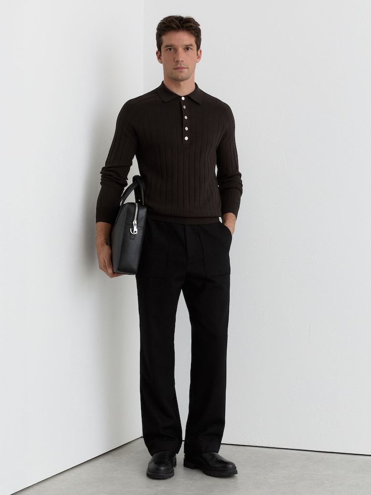 Reiss Chocolate Brown Dillingham Wide-Ribbed Half-Button Polo Jumper - Image 1 of 5