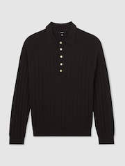 Reiss Chocolate Brown Dillingham Wide-Ribbed Half-Button Polo Jumper - Image 2 of 5