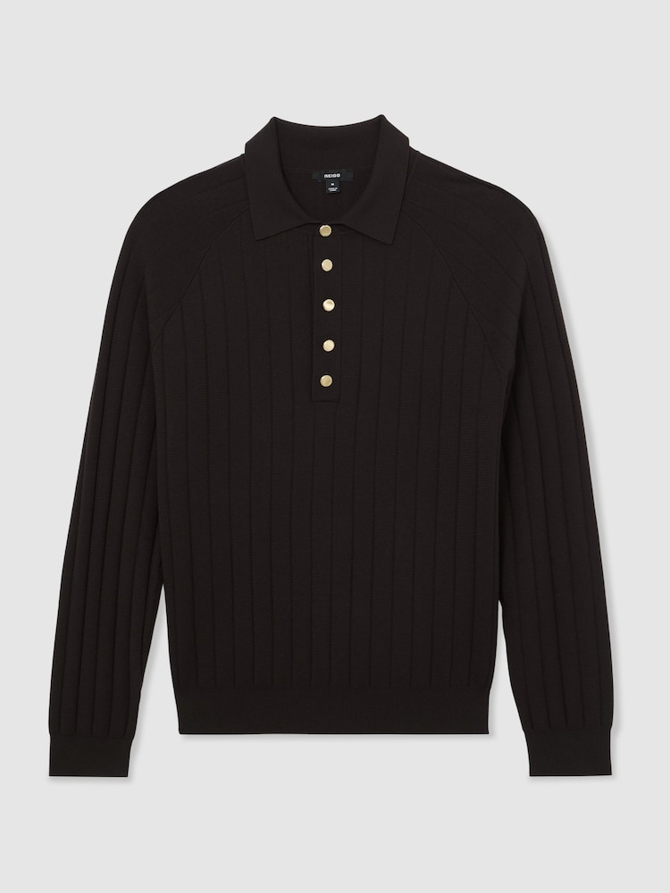 Reiss Chocolate Brown Dillingham Wide-Ribbed Half-Button Polo Jumper - Image 2 of 5