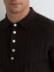 Reiss Chocolate Brown Dillingham Wide-Ribbed Half-Button Polo Jumper - Image 3 of 5