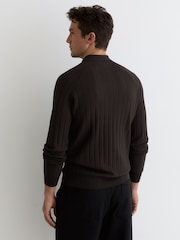 Reiss Chocolate Brown Dillingham Wide-Ribbed Half-Button Polo Jumper - Image 4 of 5