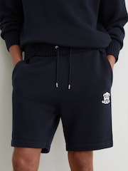 Reiss Navy Riley Monogram-Embroidered Relaxed Knit Shorts - Image 1 of 7