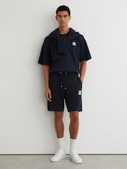 Reiss Navy Riley Monogram-Embroidered Relaxed Knit Shorts - Image 3 of 7