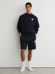Reiss Navy Riley Monogram-Embroidered Relaxed Knit Shorts - Image 6 of 7