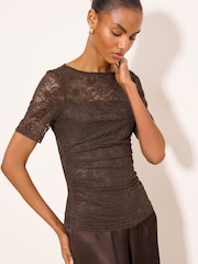 Lipsy Chocolate Brown Ruched Side Lace T-Shirt - Image 1 of 4