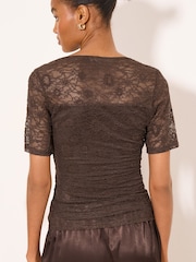 Lipsy Chocolate Brown Ruched Side Lace T-Shirt - Image 4 of 4