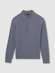 Reiss Steel Blue Dillingham Wide-Ribbed Half-Button Polo Jumper - Image 2 of 6