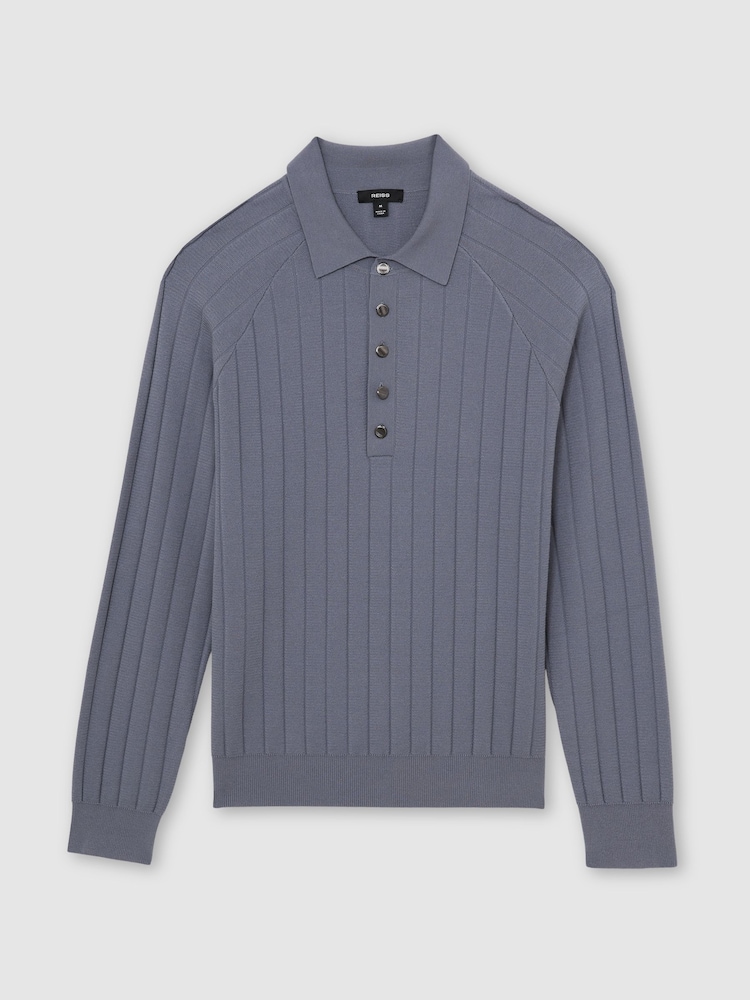 Reiss Steel Blue Dillingham Wide-Ribbed Half-Button Polo Jumper - Image 2 of 6