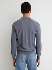 Reiss Steel Blue Dillingham Wide-Ribbed Half-Button Polo Jumper - Image 5 of 6