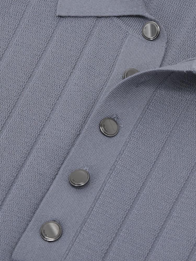 Reiss Steel Blue Dillingham Wide-Ribbed Half-Button Polo Jumper - Image 6 of 6