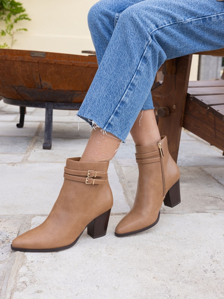 Novo Brown Regular Fit Joy Buckle Detail Western Heeled Boots - Image 1 of 6