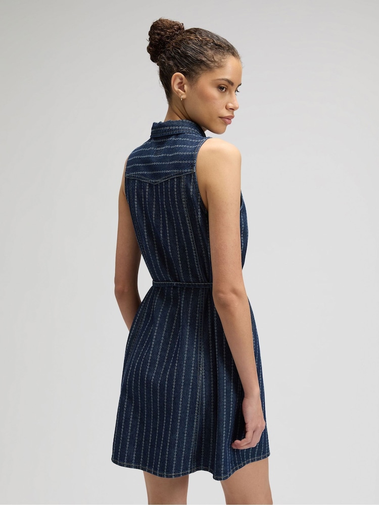 white christmas dresses Blue Denim Sleeveless Pinstripe Starlight Midi Dress