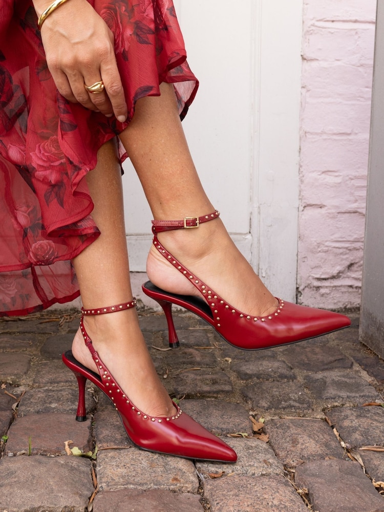 Novo Red Wide Fit Italia Stud Detail Ankle Strap Point Courts - Image 1 of 6 Novo Red Wide Fit Italia Stud Detail Ankle Strap Point Courts - Image 1 of 6