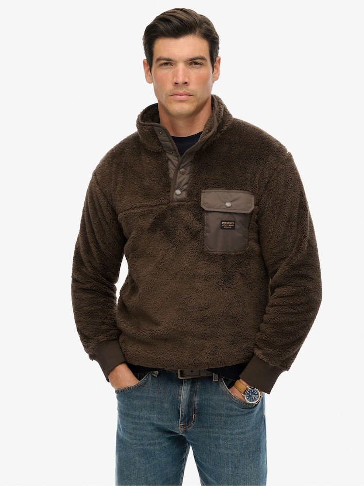 Superdry Brown High Pile Fleece Henley Jumper - Image 1 of 7 Superdry Brown High Pile Fleece Henley Jumper - Image 1 of 7