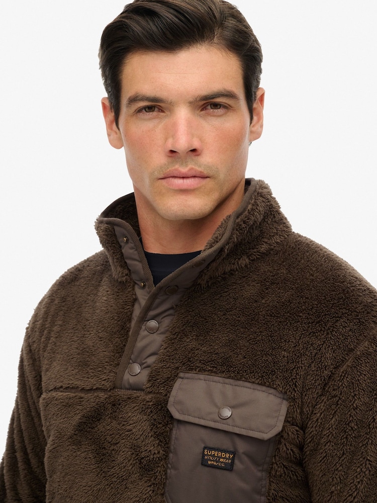 Superdry Brown High Pile Fleece Henley Jumper - Image 2 of 7 Superdry Brown High Pile Fleece Henley Jumper - Image 2 of 7