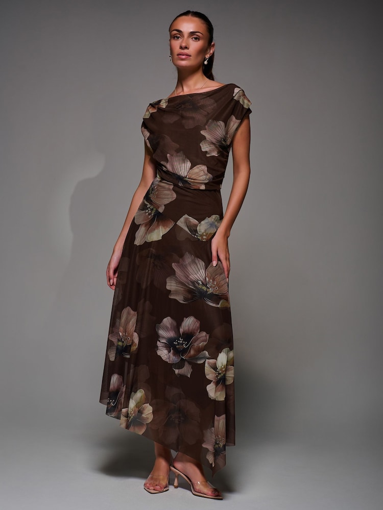 Jolie Moi Light Brown Mesh Asymmetrical Draped Maxi Dress - Image 1 of 6 Jolie Moi Light Brown Mesh Asymmetrical Draped Maxi Dress - Image 1 of 6