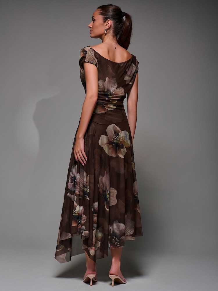 Jolie Moi Light Brown Mesh Asymmetrical Draped Maxi Dress - Image 2 of 6