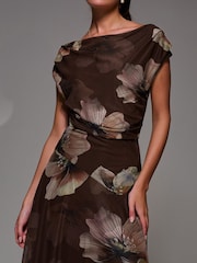 Jolie Moi Light Brown Mesh Asymmetrical Draped Maxi Dress - Image 3 of 6